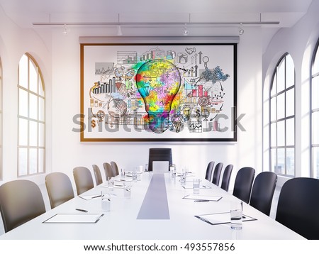 Large light bulb sketch surrounded by little business icons in conference room of successful company. Concept of creativity in business. 3d rendering