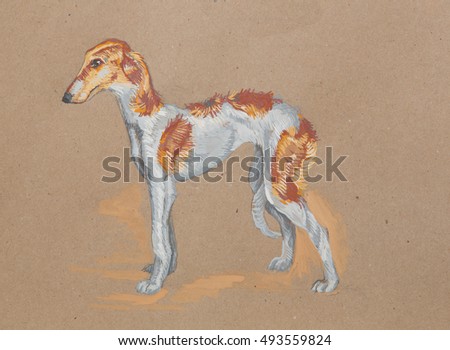 gouache drawing dog breed Russian greyhound two-tone color white and red on kraft paper, top view art, elegant thoroughbred dog breed hound stands hand-drawn on cardboard