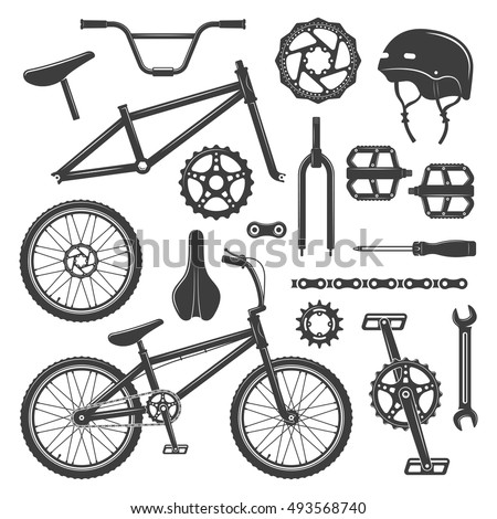 Bicycle equipment and parts set of vector black icons, symbols and design elements isolated on white background. Sport bmx bike with repair components illustration