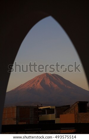 Arequipa Misti volcano view. Arch view to a cone of volcano.