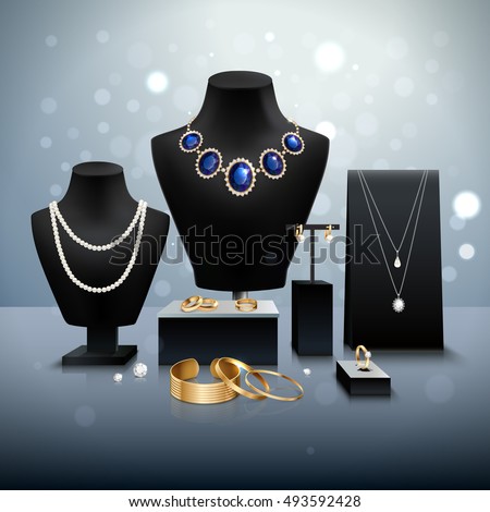 Realistic gold and silver jewelry display on black mannequins and stands on grey surface and background with bokeh vector illustration Royalty-Free Stock Photo #493592428