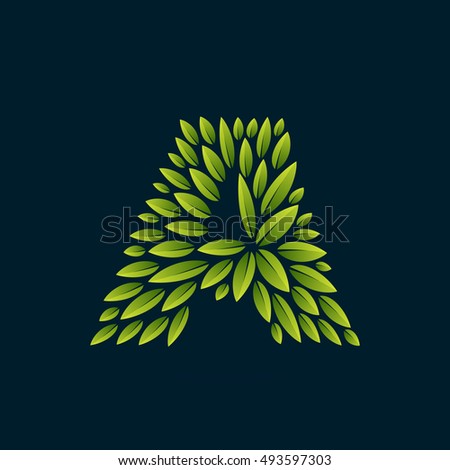 Letter A logo formed by fresh green leaves. Vector ecology elements for banner, presentation, card, labels or posters.