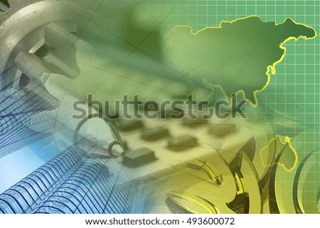 Financial background with map, calculator, buildings and pen.