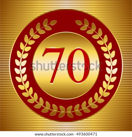 Vector illustration of 70th anniversary. Gold laurel wreath on a red. Striped background.