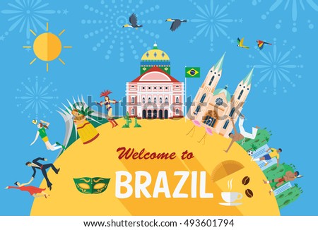 Flat design, Illustration of Brazil landmarks and icons, vector