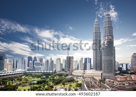 Landscape of  Kuala lumpur skyline, Malaysia under cloudy blue sky Royalty-Free Stock Photo #493602187