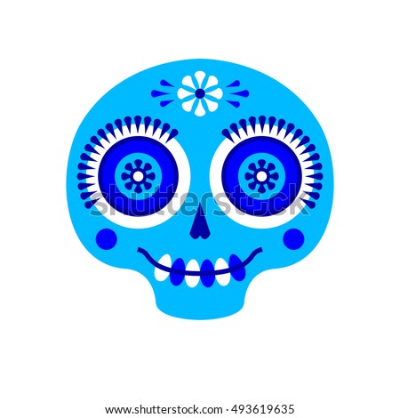 Vector Mexico logo in cartoon naive style with funny sugar skulls, flowers. Mexican traditional tattoo art. Dia de los Muertos or Day of the Dead card. 