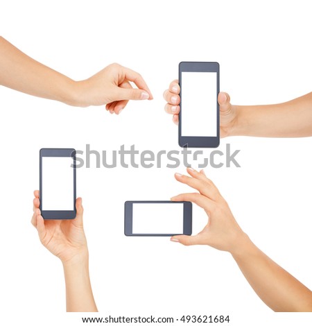 Female hands showing smart phone of blank white touch screen, front view, isolated on white. Set.