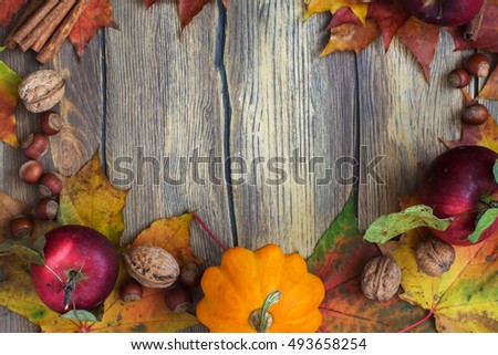 Autumn frame with pumpkins, leaves, apples and nuts. Toned image. Copy space