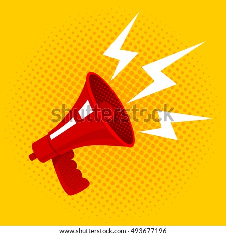 Vector vintage poster with red retro megaphone. Megaphone on yellow halftone background Royalty-Free Stock Photo #493677196