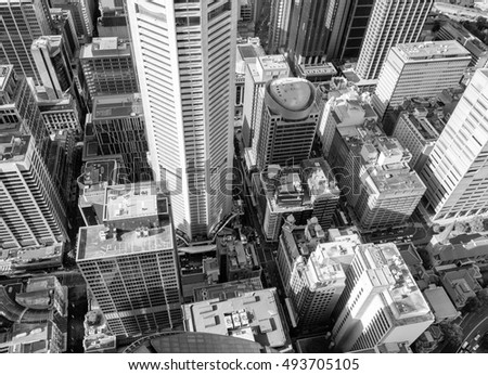 Black and white aerial view of Sydney, Australia.