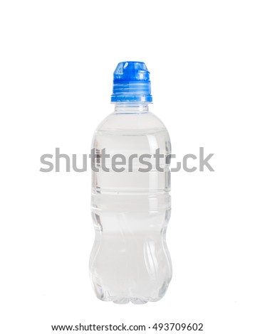 A bottle of water and a blue sports cap. On white, isolated background.