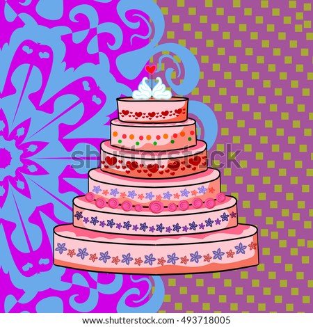 Wedding cake with a pair of swans, illustration in cartoon vector style