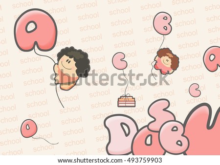 Children flying on balloons in the form of letters. School and education concept
