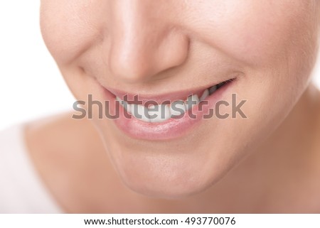 Smile with white healthy teeth. Close Up photo.