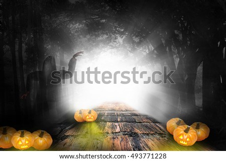 Halloween design - Forest pumpkins in darken. Horror background with autumn valley with woods, spooky tree