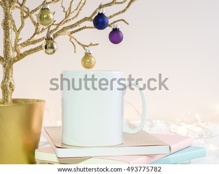 Christmas mock up styled stock product image, Christmas scene with a white blank coffee mug that you can overlay your custom design or quote on to.