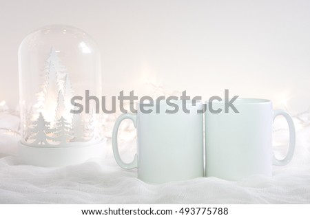 Christmas mock up styled stock product image, Christmas scene with two white blank coffee mugs that you can overlay your custom design or quote on to.