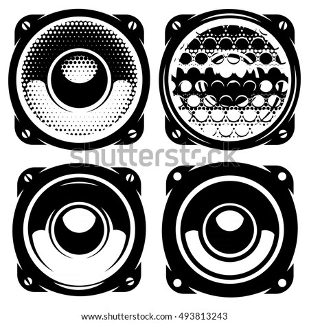 set of vector templates for posters or badges with monochrome acoustic speakers Royalty-Free Stock Photo #493813243