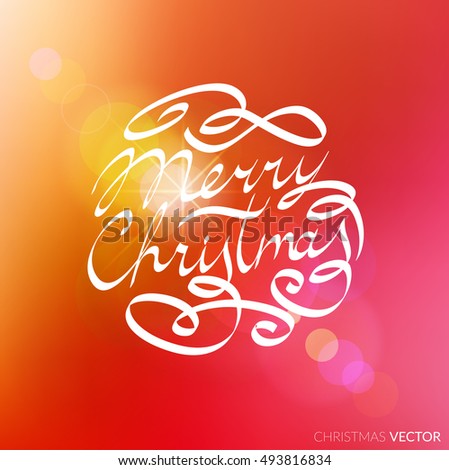 Merry Christmas lettering typography. Text design in handwriting style with ornament soft lines. Happy New Year greeting card decoration on red blurred background for celebrating, festival. Vector. 