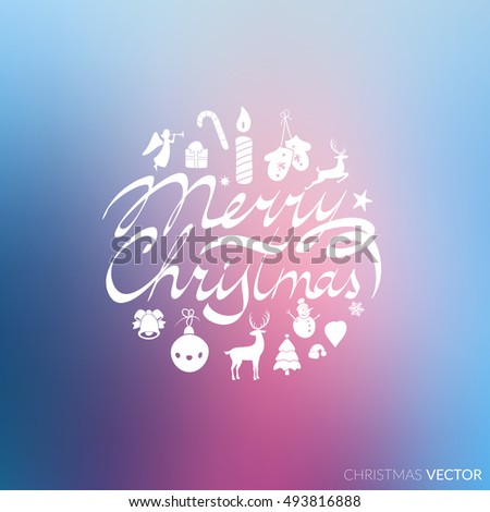 Merry Christmas lettering typography. Text design in handwriting style with holiday icons - bell, deer, Christmas tree. Happy New Year greeting card decoration on blue red mesh. Vector.