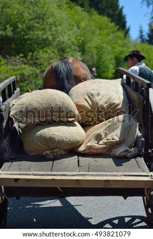 old burlap sacks full of old horse-drawn cart