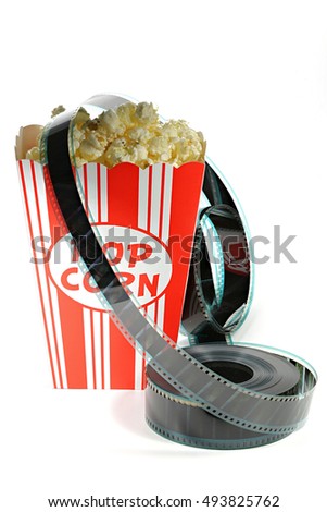 popcorn in a cardboard container with filmstrip isolated on white background
