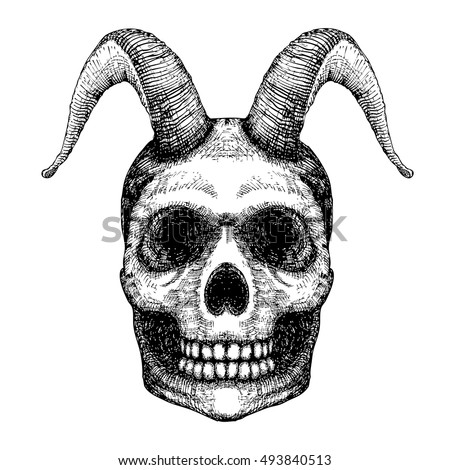 Grunge style art of human skull with goat horns. Print design. Demon Head. A demon,  supernatural, malevolent. Witchcraft, black magic, occultism, mythology and folklore, religion attribute. Vector.