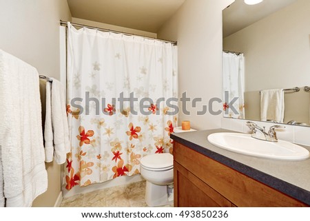 Interior of bathroom with vanity cabinet, toilet and shower with colorful curtain. Northwest, USA Royalty-Free Stock Photo #493850236