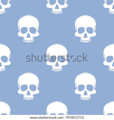 Seamless pattern with hand drawn skulls on a serenity background. Vector Illustration