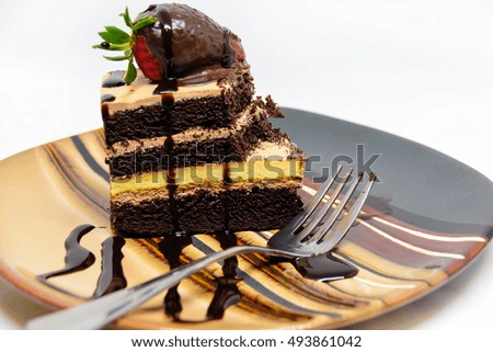 Delicious chocolate cake on plate isolated on white background / Selective focus