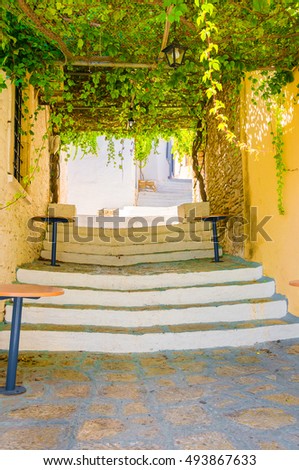 Street in Greece, Symi. Exotic summer warm light view. Outside and outdoor. Rich in colours and colourful with details of blue sky, house and building. Beautiful flowers. Serene and scenic place.