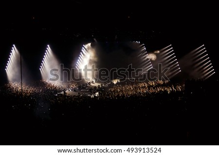 Funs, people, Crowd on concert party, disco light background