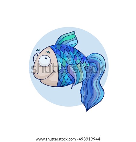Fun pretty blue fish on light blue background isolated on white