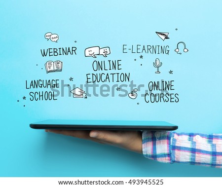 Online Education Many concept with a tablet on blue background