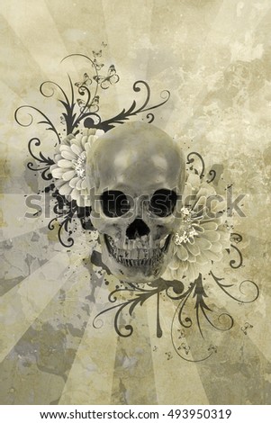 Skull with flowers and patterns on a grunge background