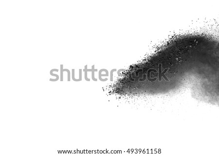 Freeze motion of black dust explosion isolated on white background