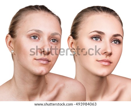 Comparative portrait of female face, without and with makeup