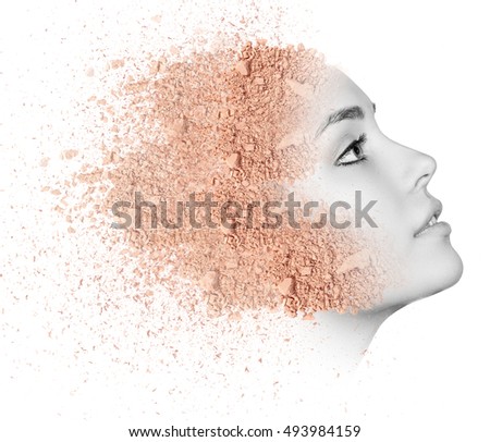 Woman face made from crumbly powder isolated on white background