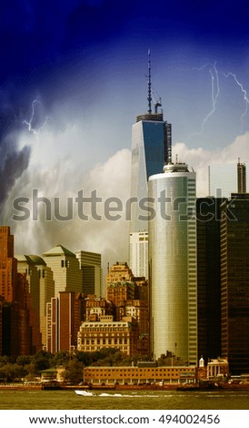 Manhattan skyline during a storm, New York.