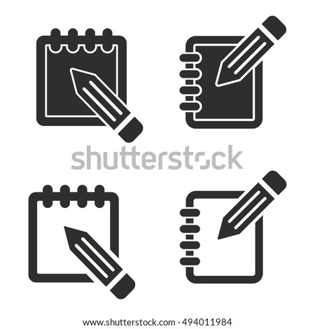 Notepad vector icons set. Black illustration isolated on white background for graphic and web design.