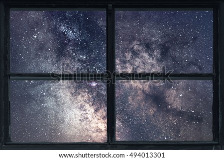 Starry night sky Window view. Milky Way Galaxy.