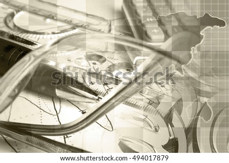 Financial background in sepia with map, calculator, graph and pen.