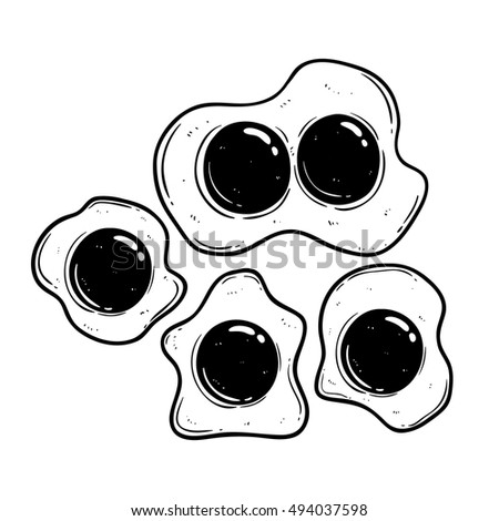 set of black and white delicious fried eggs using doodle art