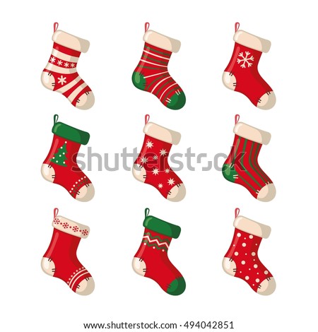 Set of cute Christmas socks isolated on white background. Vector illustration.