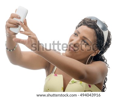 beautiful young african woman with cell phone isolated on white background