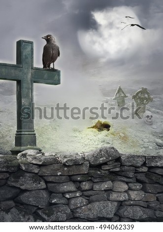 Halloween mystical spooky background with raven, cross on stone wall