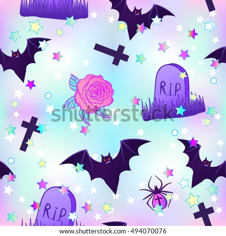 Kawaii funny spooky seamless pattern. Halloween wrapping paper background in neon pastel colors. Cute gothic style. Vanilla rainbow concept.