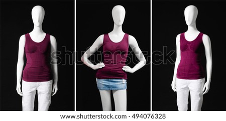 Three female mannequin dressed in shirt and white trousers on black background