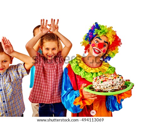 Clown with group children keeps cake on birthday. Happy Birthday to My Best Friend. Isolated.